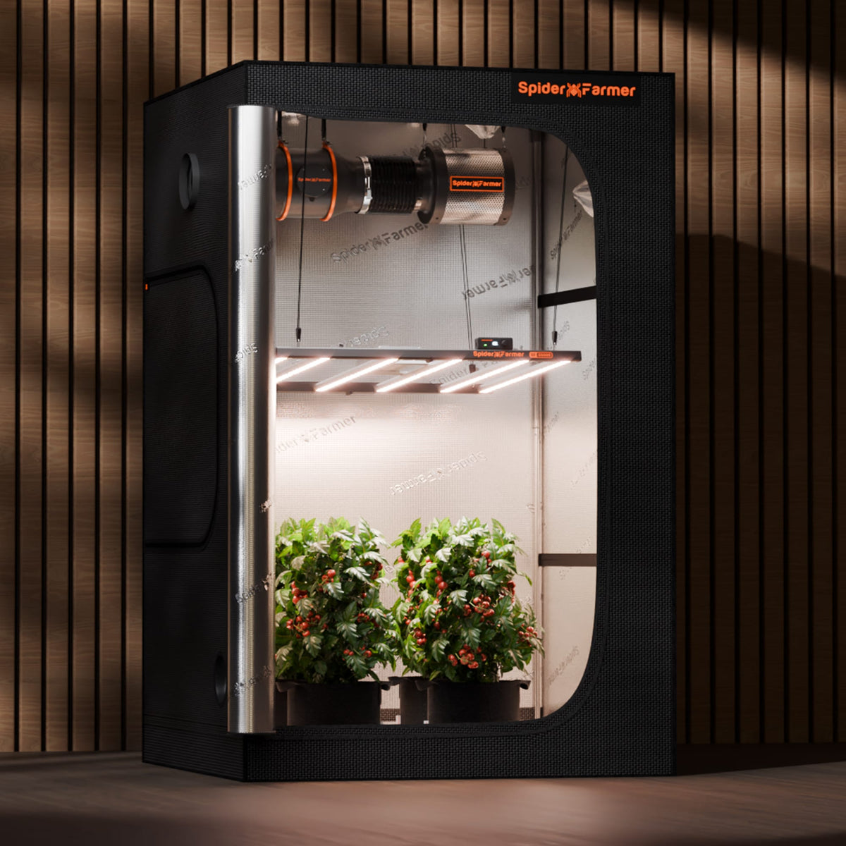 Spider Farmer G5000 480w LED Grow Light Gardening device with plants inside, branded 'Spider Farmer', against a wooden background.