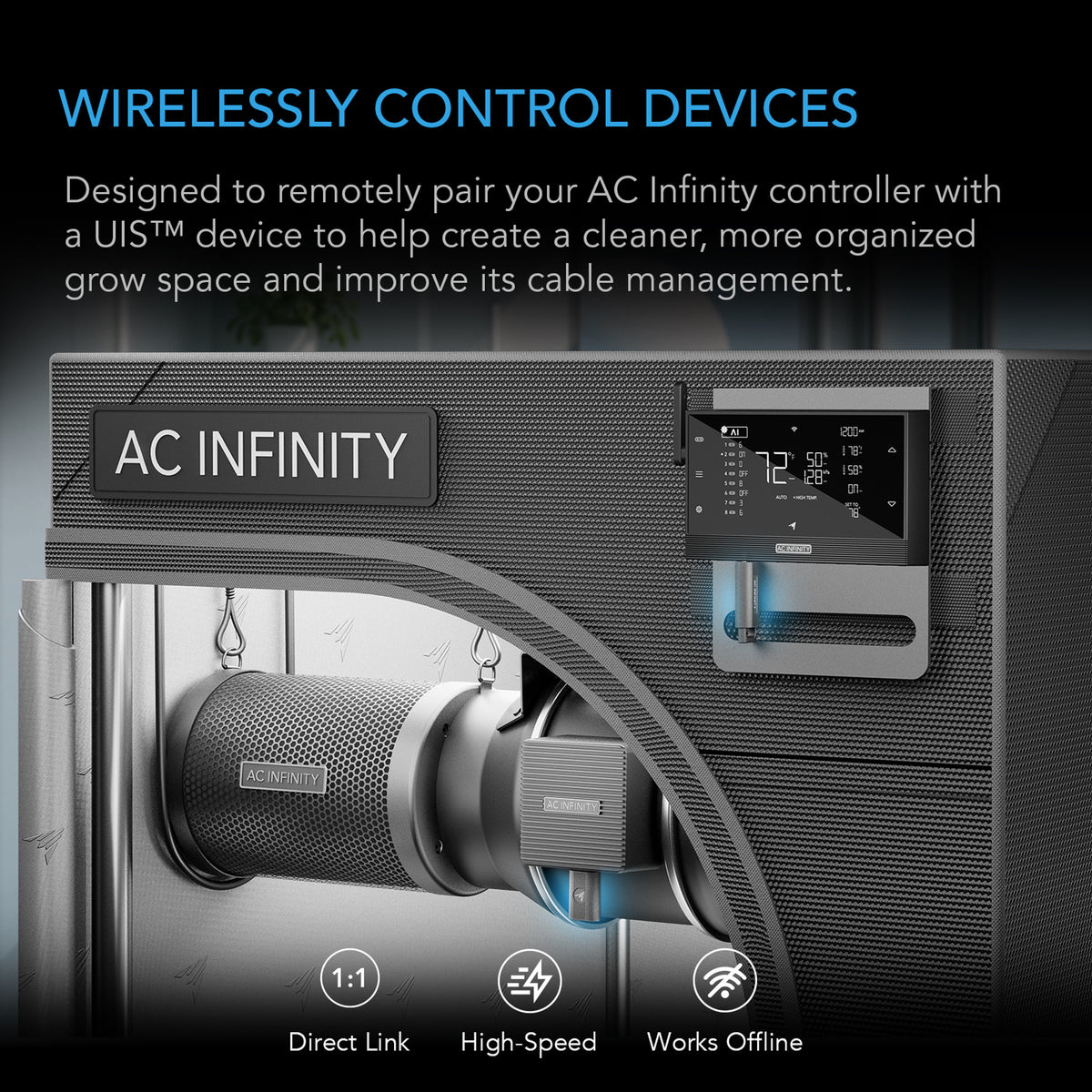 AC Infinity controller with wireless control capabilities on a dark background