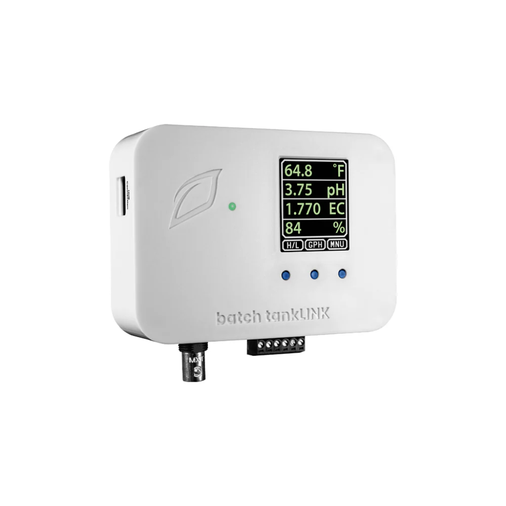 White Growlink batch tankLINK Controller with digital display on a white background left vew