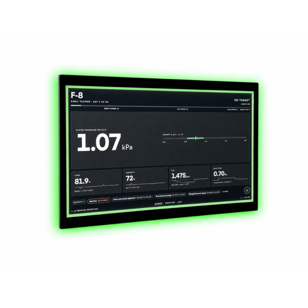 A large black Growlink touchscreen display showing a dark dashboard interface with green glowing border accents and white text, photographed on a plain white background.