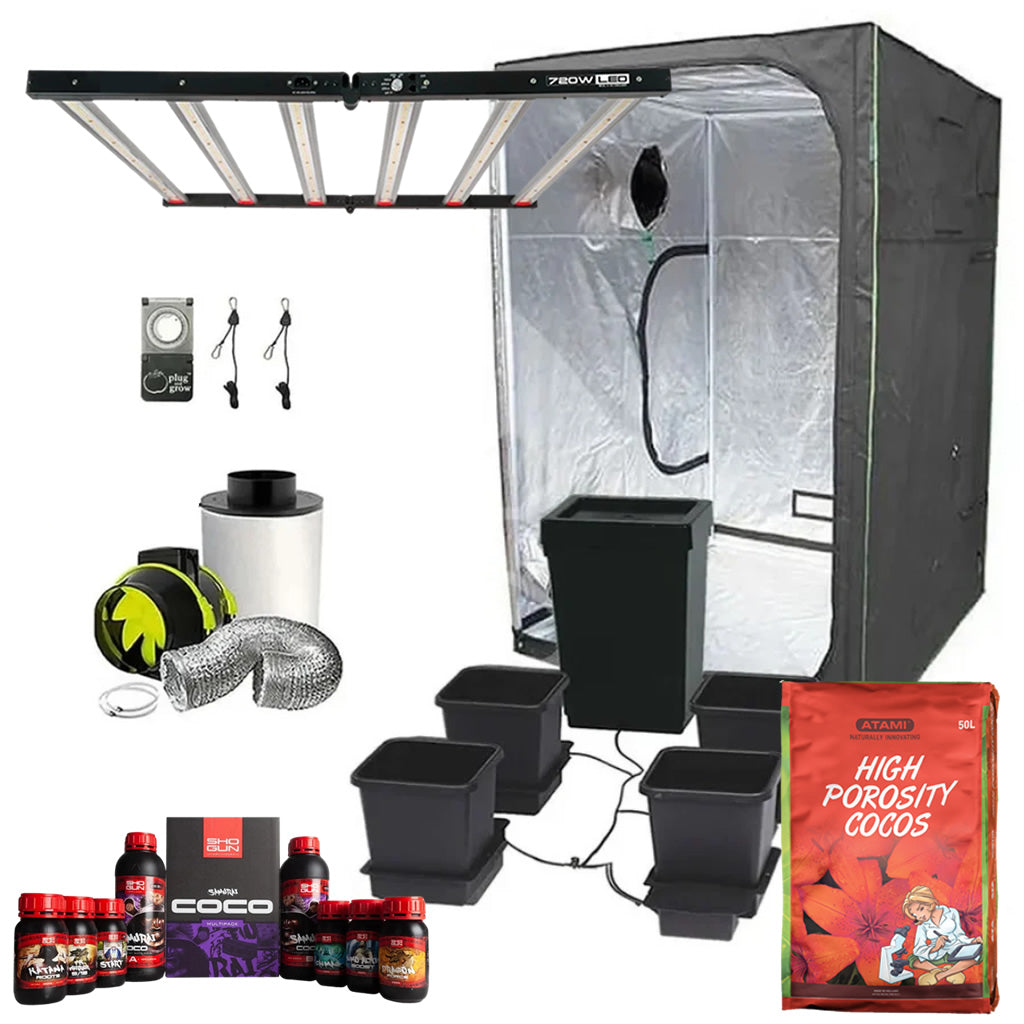 Growing tent with accessories including lights, pots, medium coco soil and nutrients on a white background