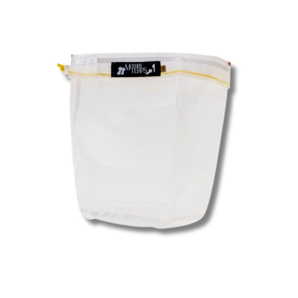 White mesh wash bag with yellow zipper on a white background
