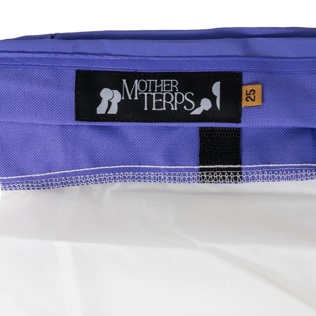 Close-up of a purple Mother-Terps-Bubble-Bag label reading 'MOTHER TERPS' and a small tan size tag marked '25'.