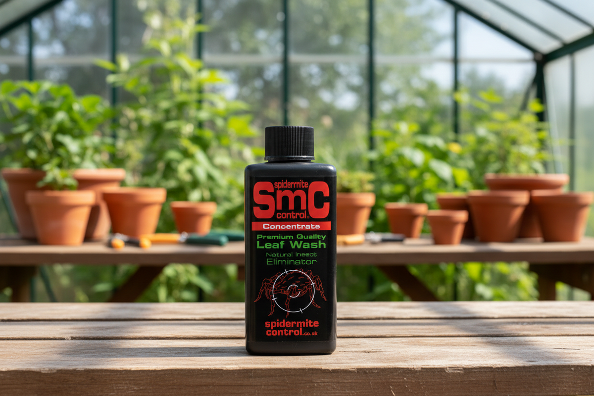 SpiderMite Control bottle on a table with potted plants in the background