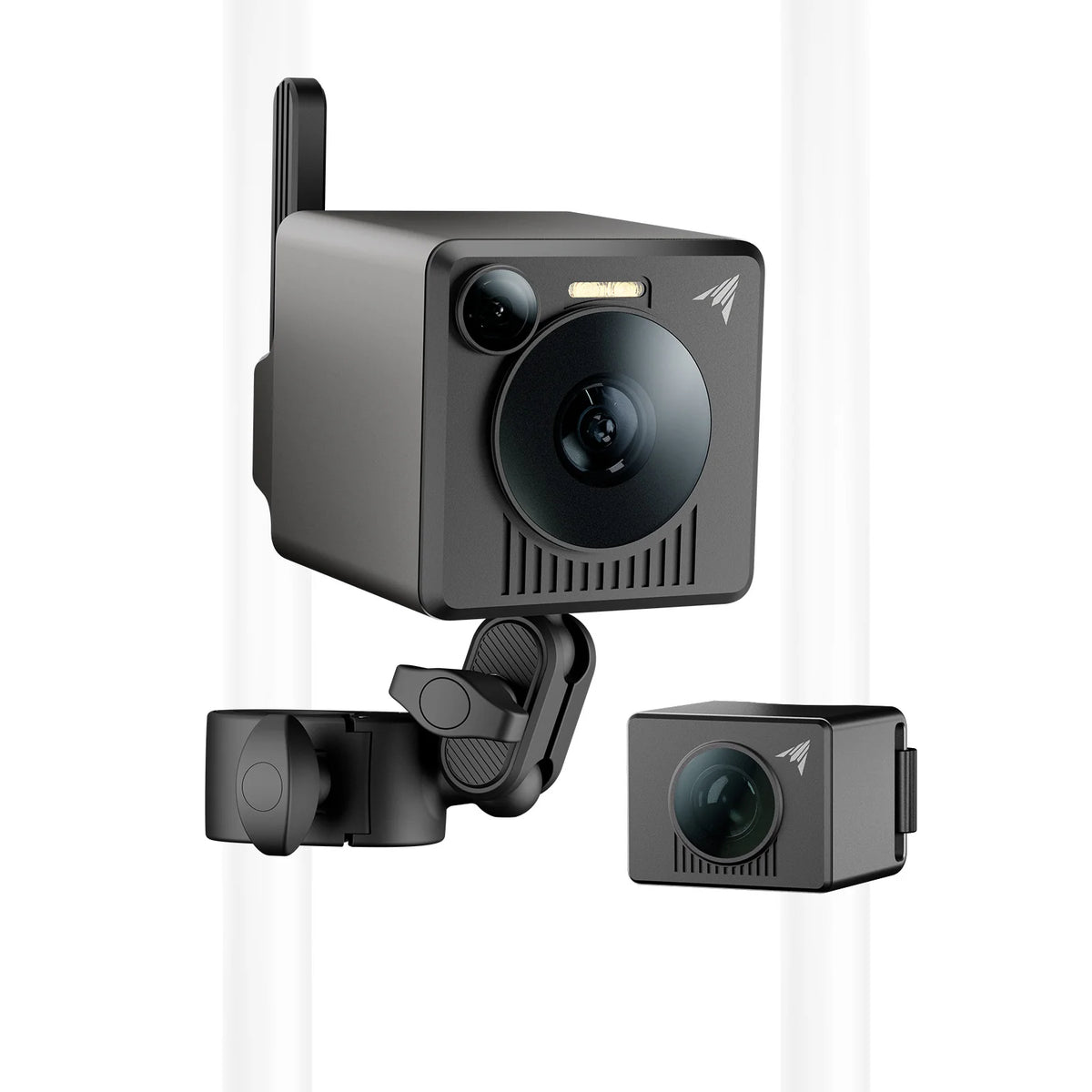 Dual-camera system with a black housing on a white background