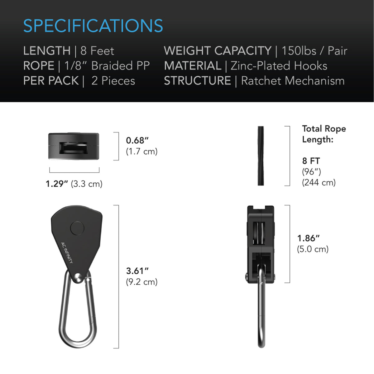 AC Infinity Heavy-Duty Adjustable Rope Clip Hanger