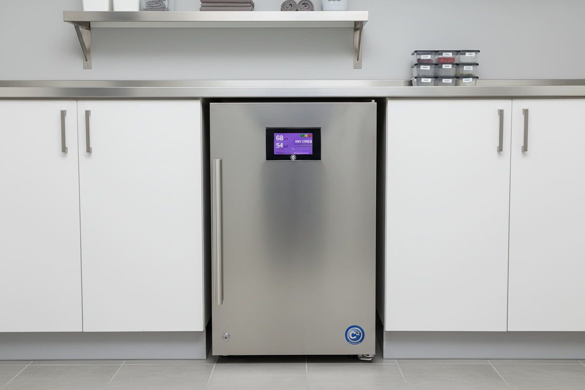 cannatrol Stainless steel refrigerator with digital display in a kitchen setting