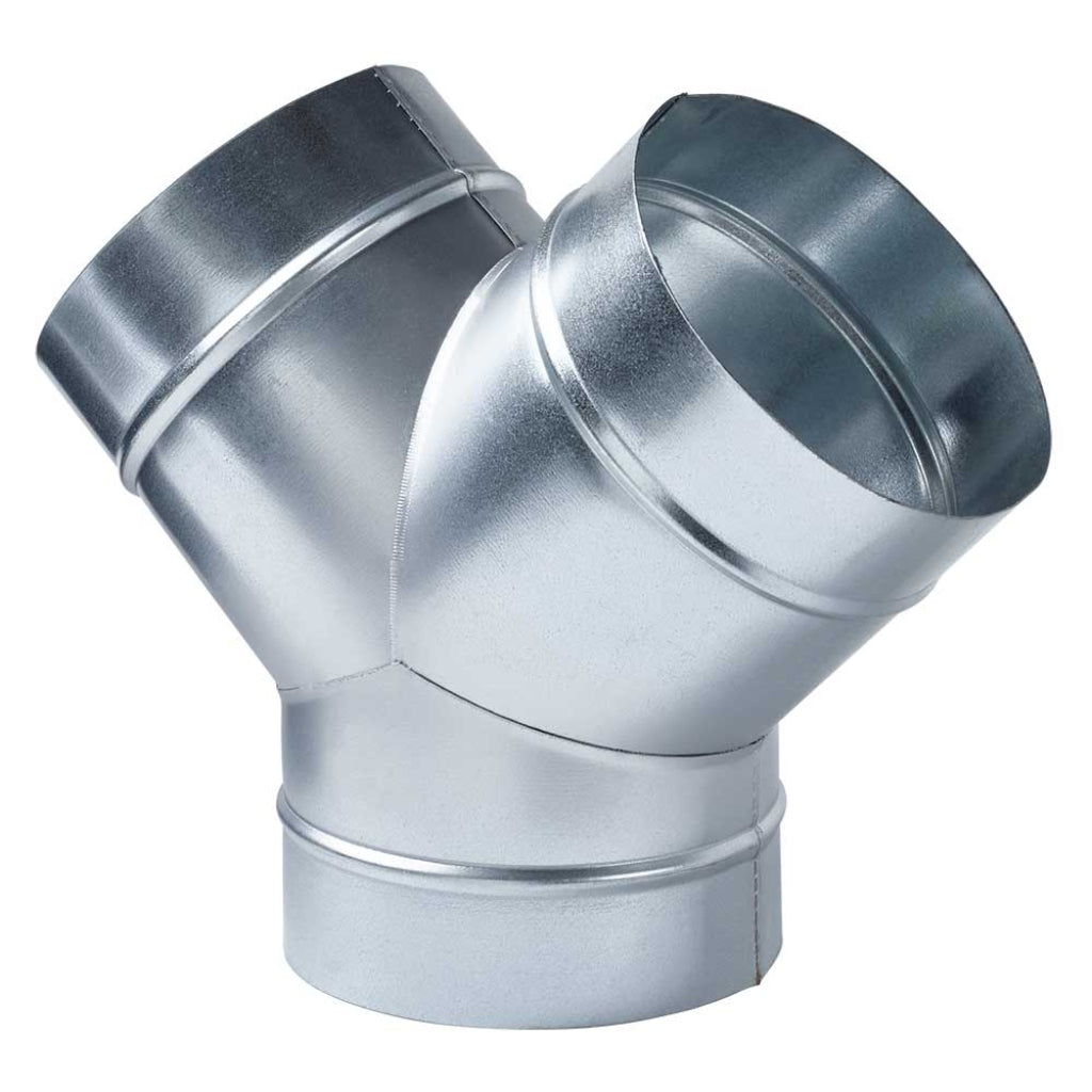 A silver-colored aluminum Y-piece ducting component designed for indoor gardening.