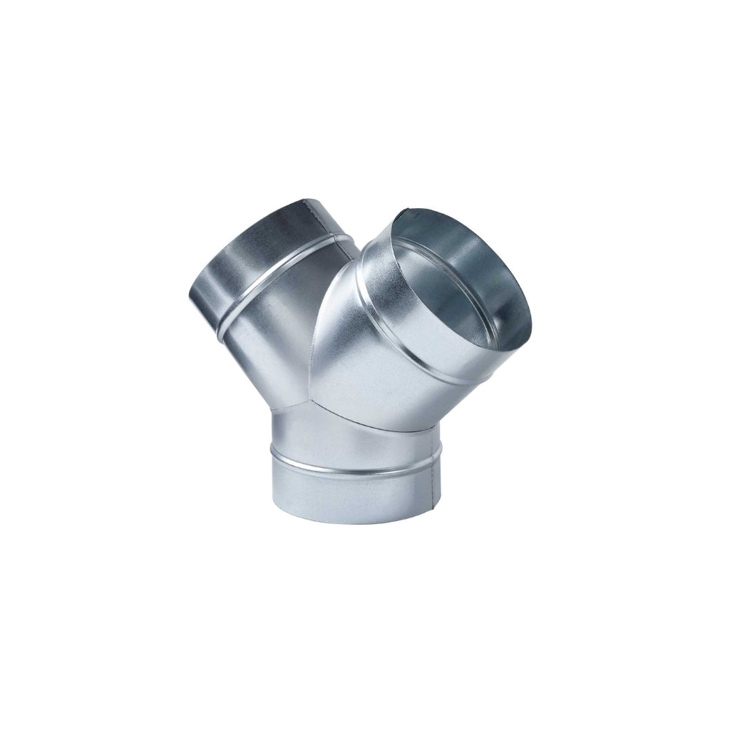A silver-colored aluminum Y-piece ducting component designed for indoor gardening.