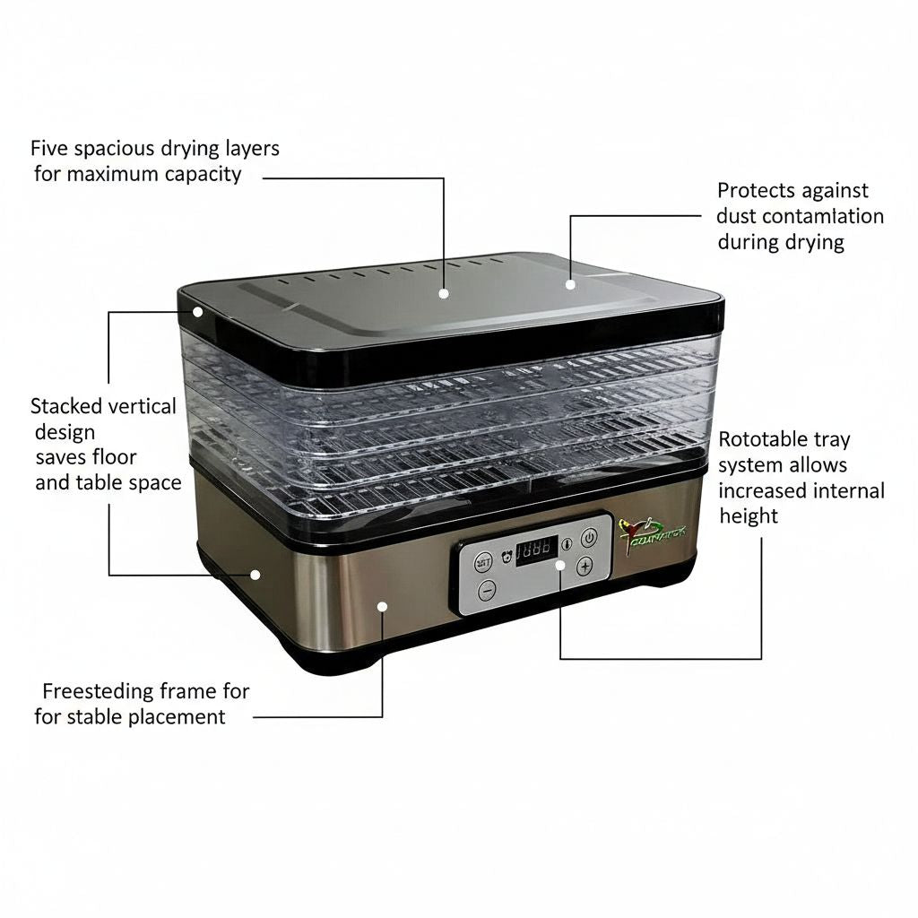 ice-o-lator-drying-machine dehydrator with features highlighted on a white background
