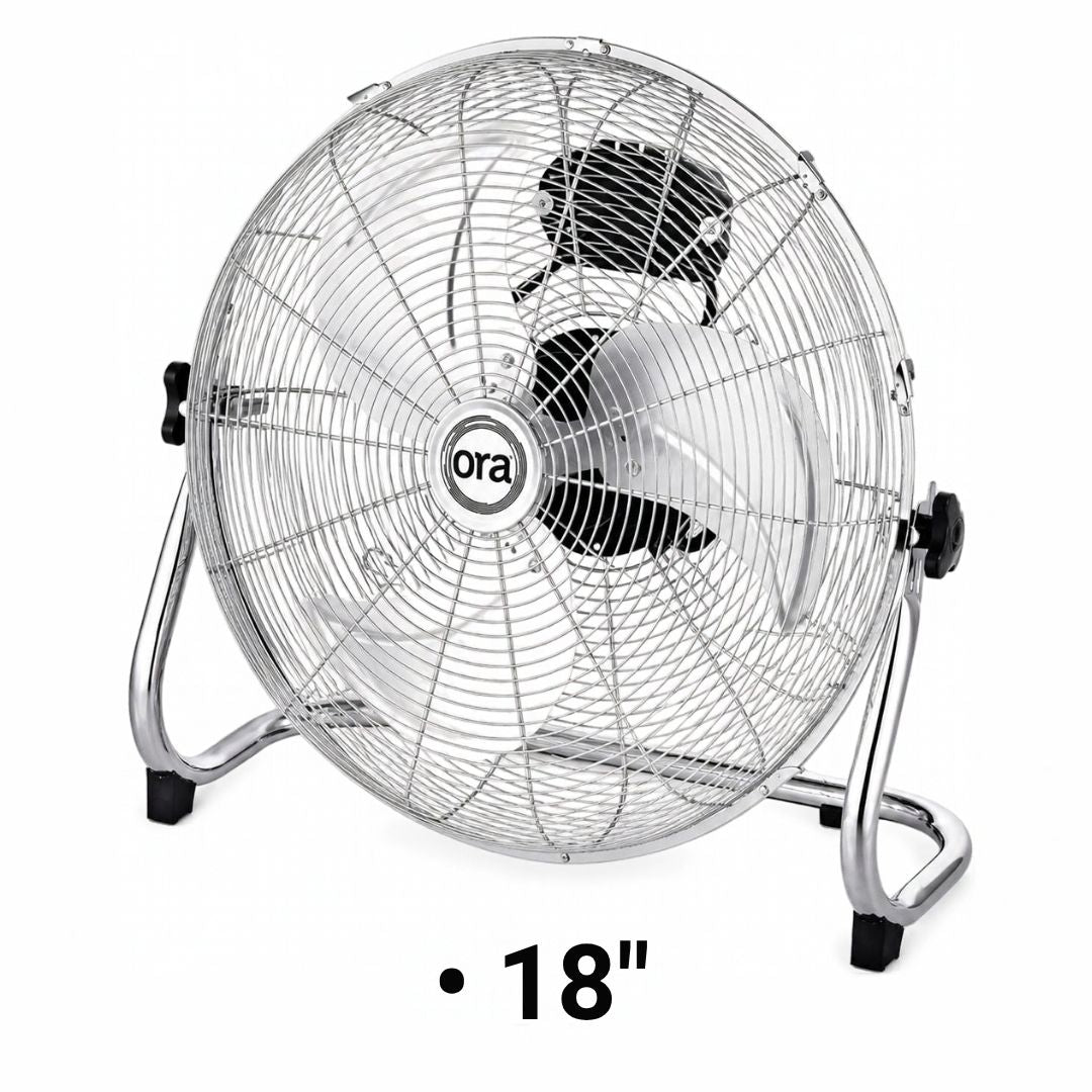 An 18-inch Ora floor fan with a silver metal wire grille and stand, featuring a black center hub with the 'ora' brand logo, shown against a plain white background with a size indicator text overlay.