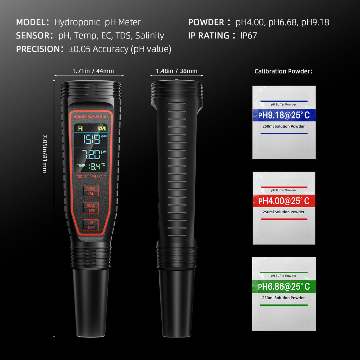 Spider Farmer Hydroponic pH meter with calibration powder packets on a black background