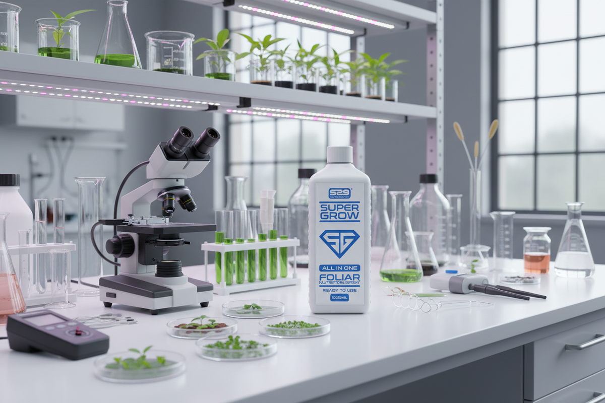 Super Grow laboratory setting with a microscope, bottles, and plants on shelves.