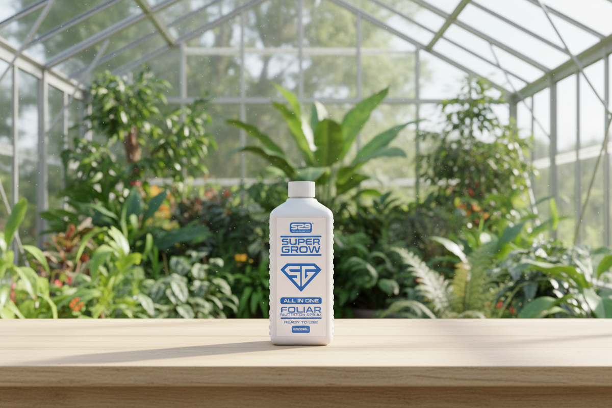 Super Grow bottle on a table with plants in the background