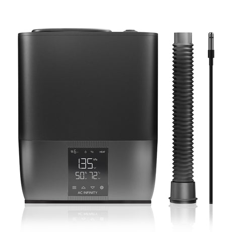 Black electronic device with digital display and flexible hose on a white background