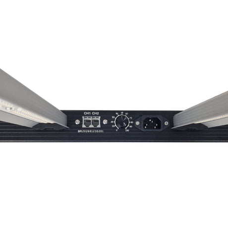 Back view of a Elite 720w Pro LED light bar with connectors and control knobs on a white background