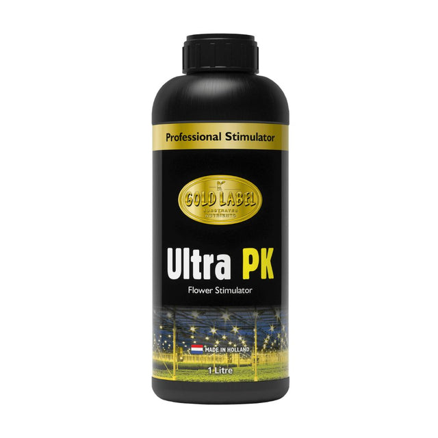Black bottle of Gold Label Ultra PK Flower Stimulator on a white background