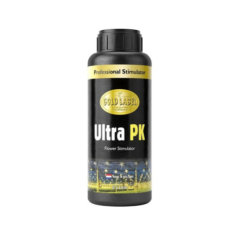Black bottle of Ultra PK flower stimulator with a gold label on a white background