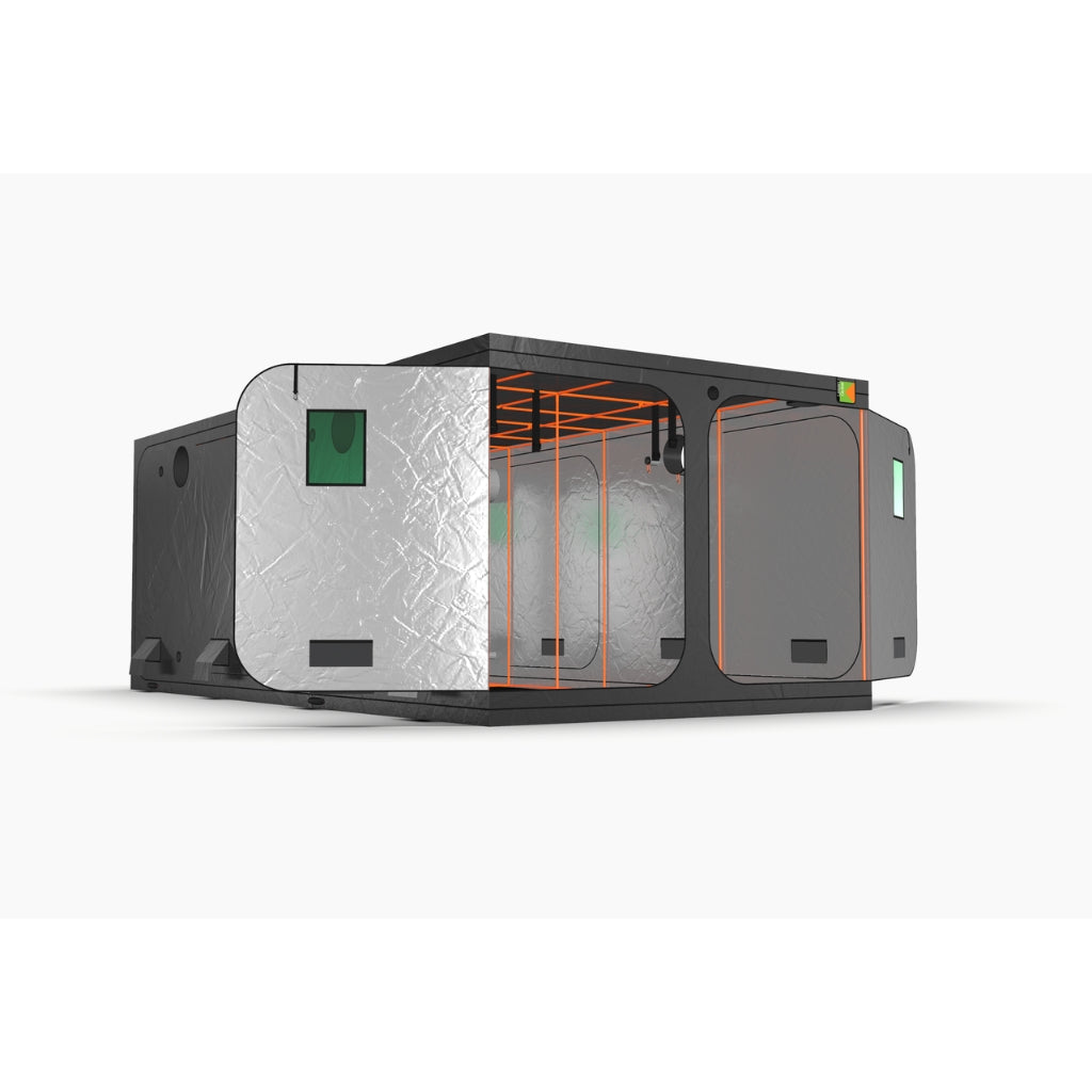 Green-Qube: GQ3060L - 3m x 6m x 2.2m hydroponic grow tent with open doors showing ducting ports