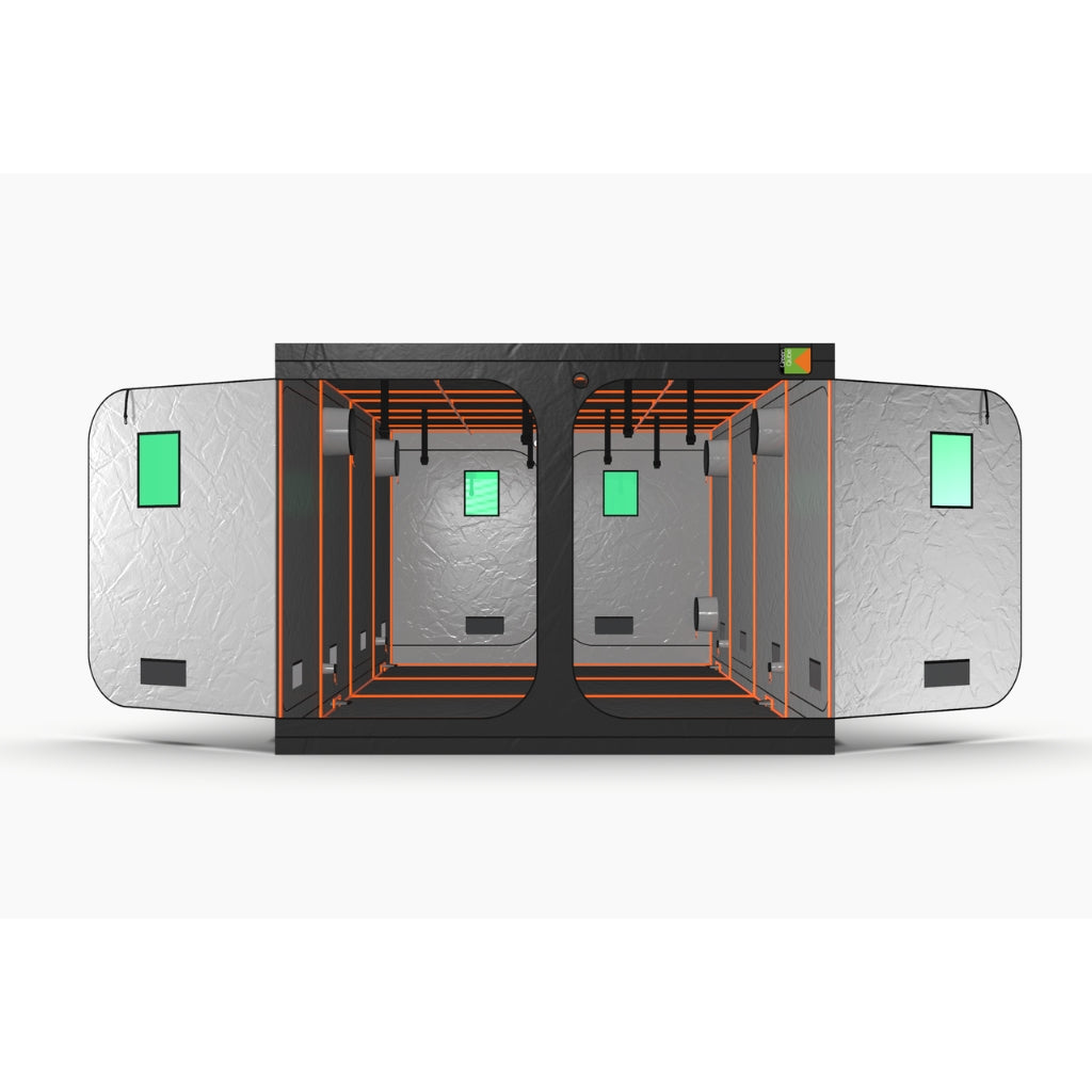 Green-Qube: GQ3060L - 3m x 6m x 2.2m hydroponic grow tent with open doors showing ducting ports