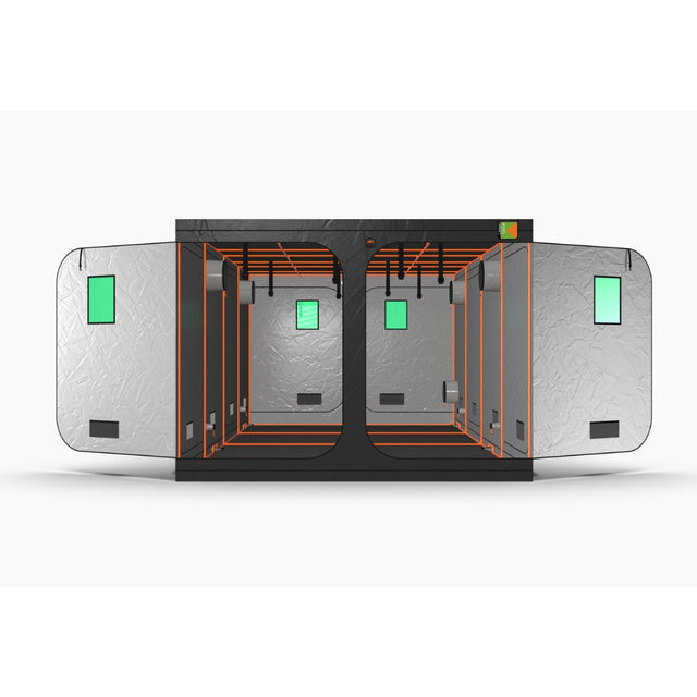 Green-Qube: GQ3060L - 3m x 6m x 2.2m hydroponic grow tent with open doors showing ducting ports