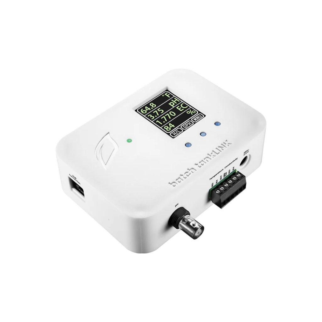 White Growlink batch tankLINK Controller with digital display on a white background bottom left view
