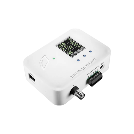 White Growlink batch tankLINK Controller with digital display on a white background bottom left view