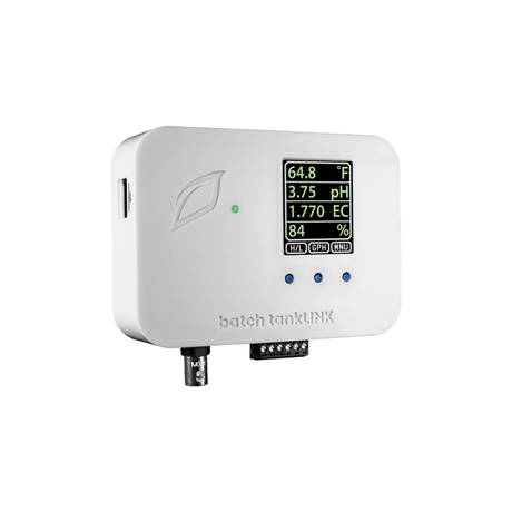 White Growlink batch tankLINK Controller with digital display on a white background left vew