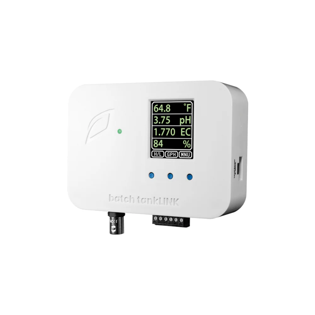 White Growlink batch tankLINK Controller with digital display on a white background right view.
