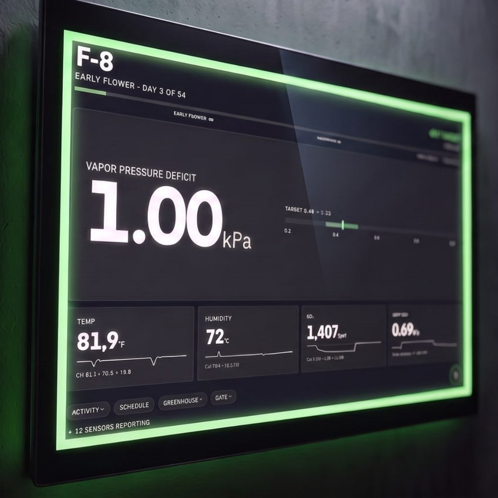 A large black Growlink touchscreen display showing a dark dashboard interface with green glowing border accents and white text.