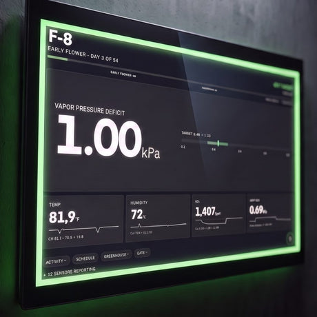 A large black Growlink touchscreen display showing a dark dashboard interface with green glowing border accents and white text.