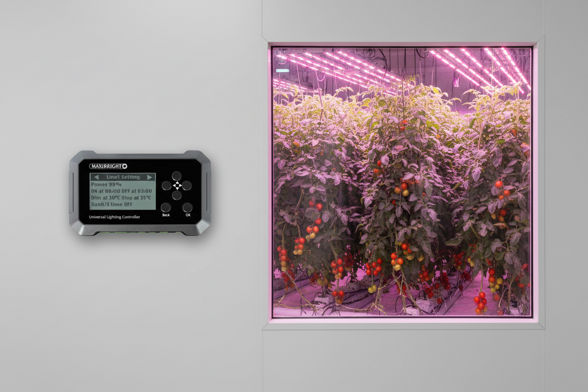 Maxibright Universal lighting controller Control panel next to a window showing indoor plants with pink lighting