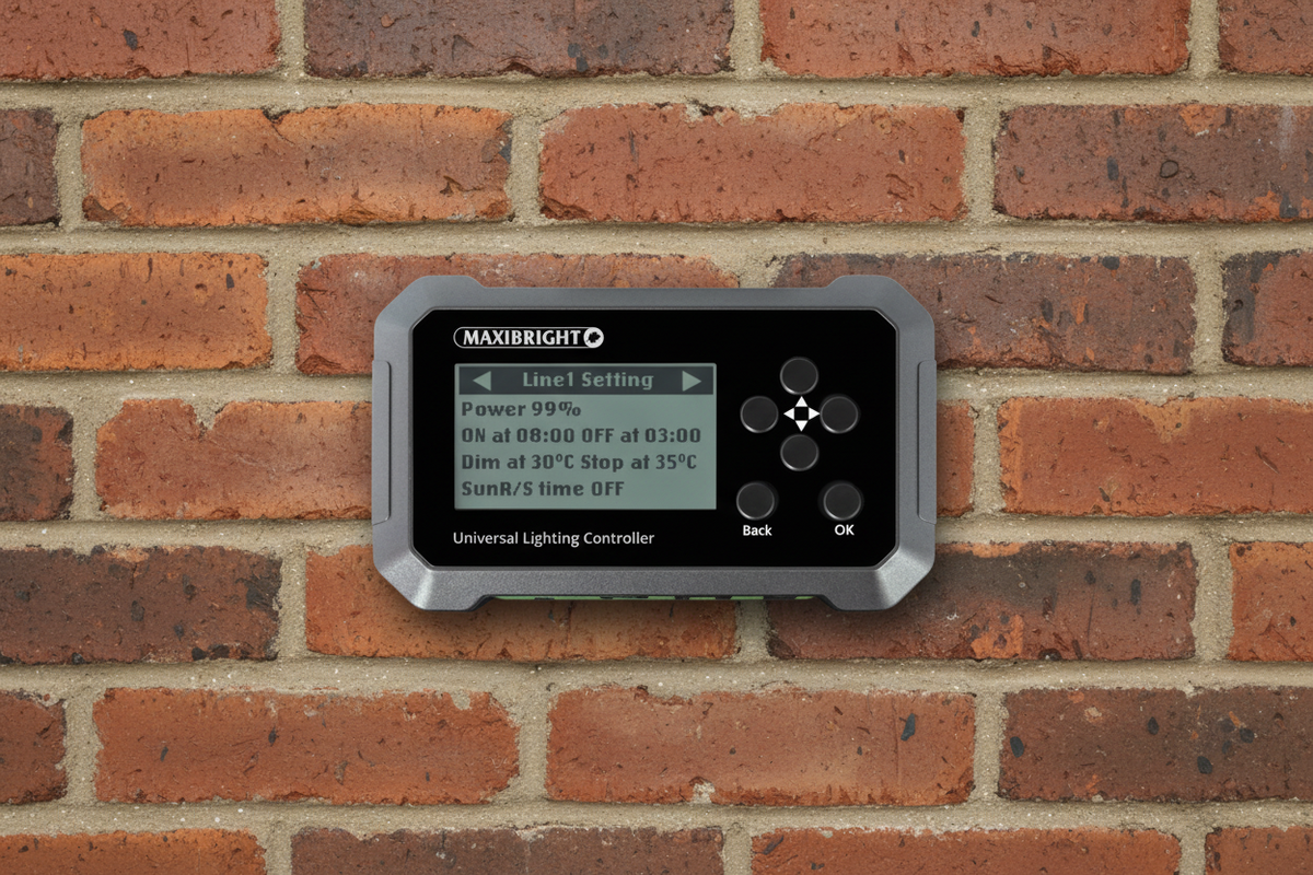 Maxibright universal lighting controller on a brick wall