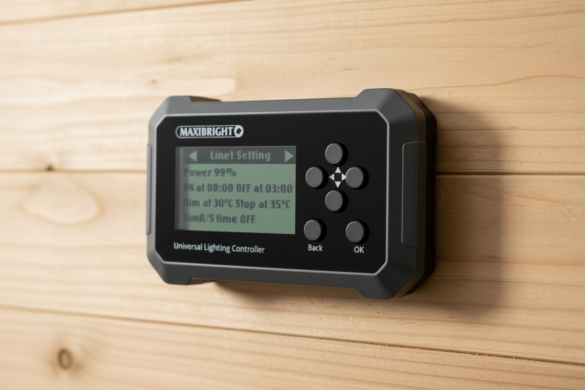 Maxbright universal lighting controller on a wooden surface