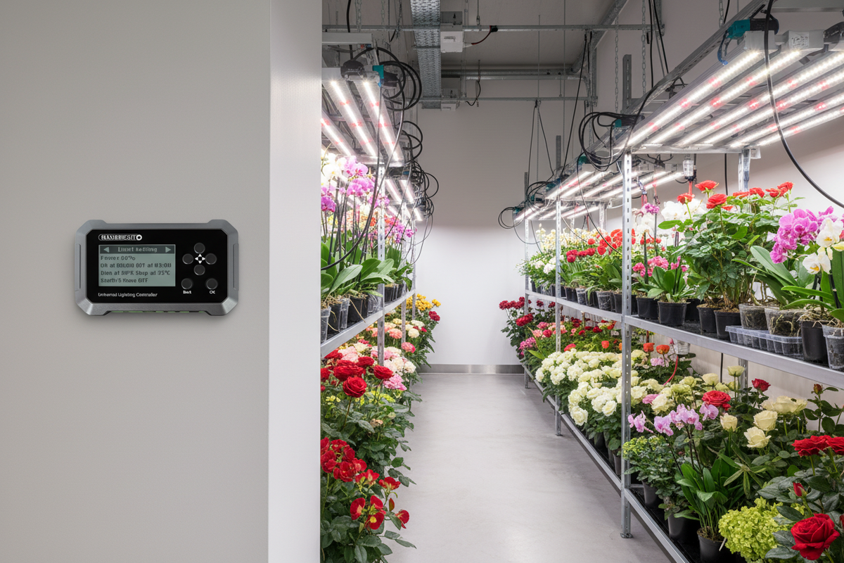 Maxibright Universal Lighting Controller Gardening or hydroponic system with plants and digital display on a wall.