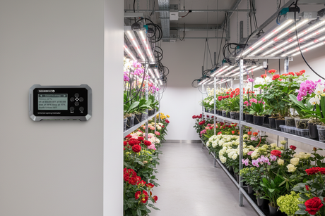 Maxibright Universal Lighting Controller Gardening or hydroponic system with plants and digital display on a wall.