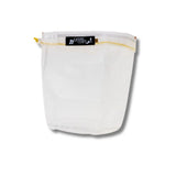 White mesh wash bag with yellow zipper on a white background