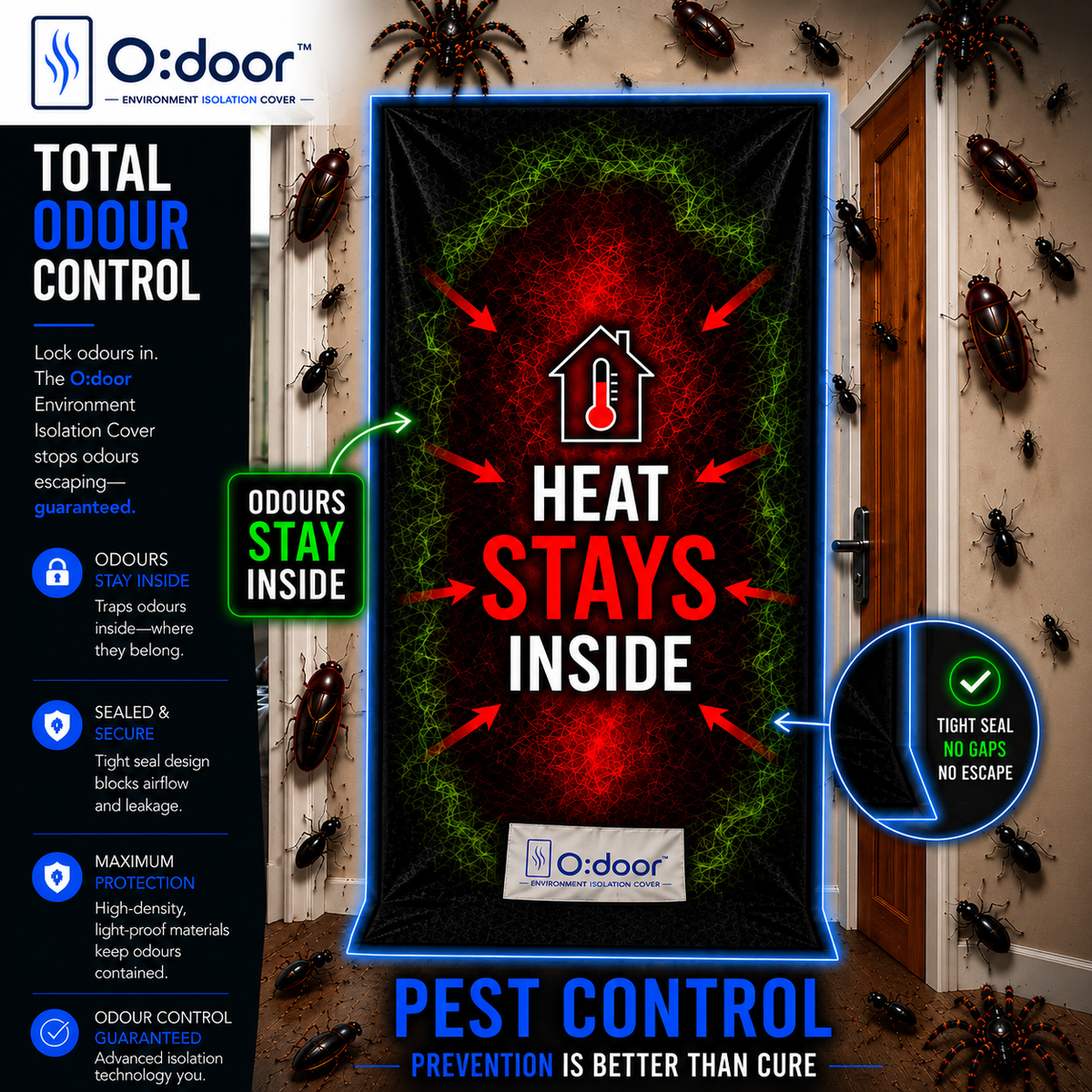 Advertisement for O.door, the world's first odor prevention door, with product display and features highlighted.