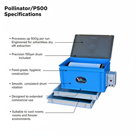 Blue machine labeled 'Pollinator/P500' with specifications listed on a white background