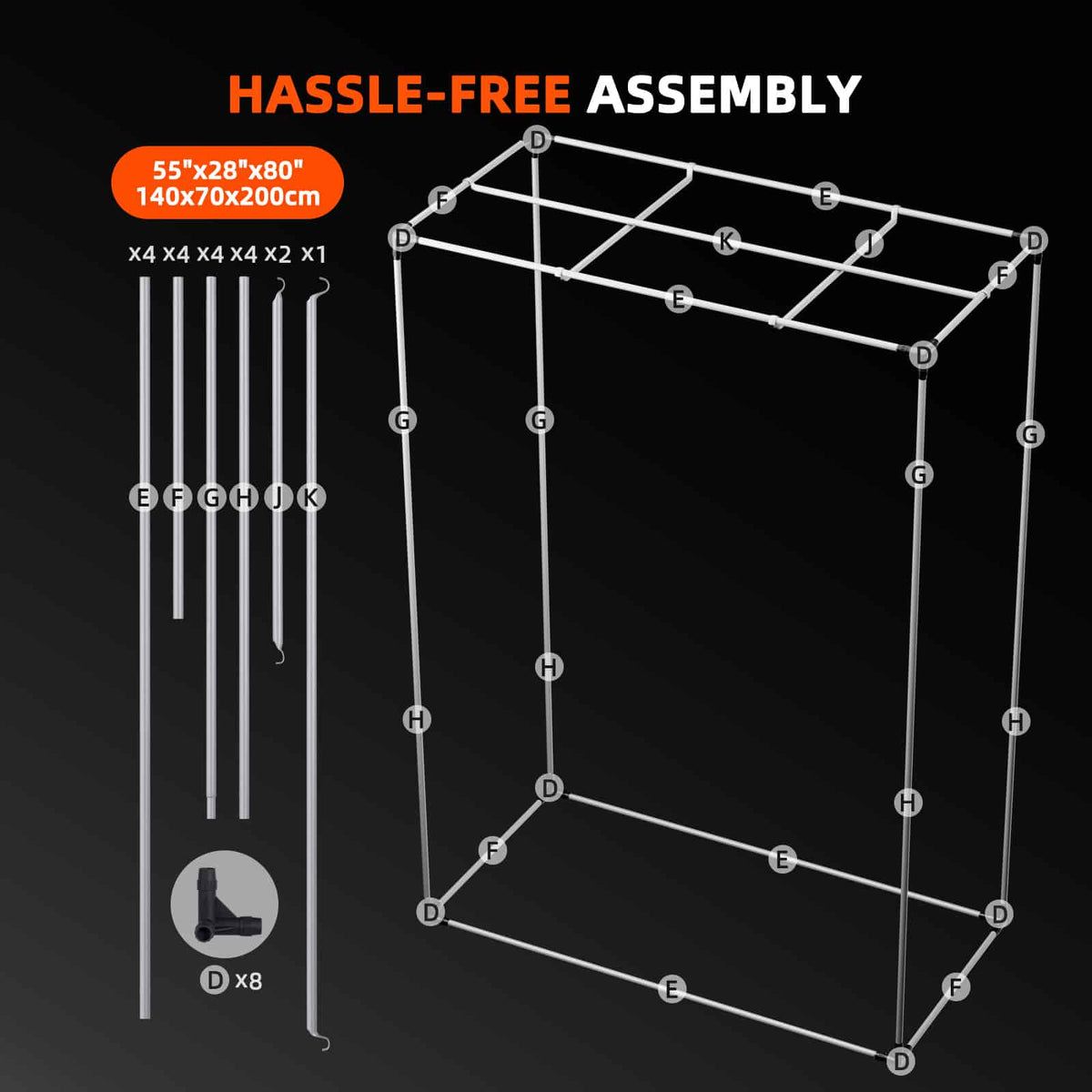 Diagram of a furniture assembly process with components labeled on a black background.