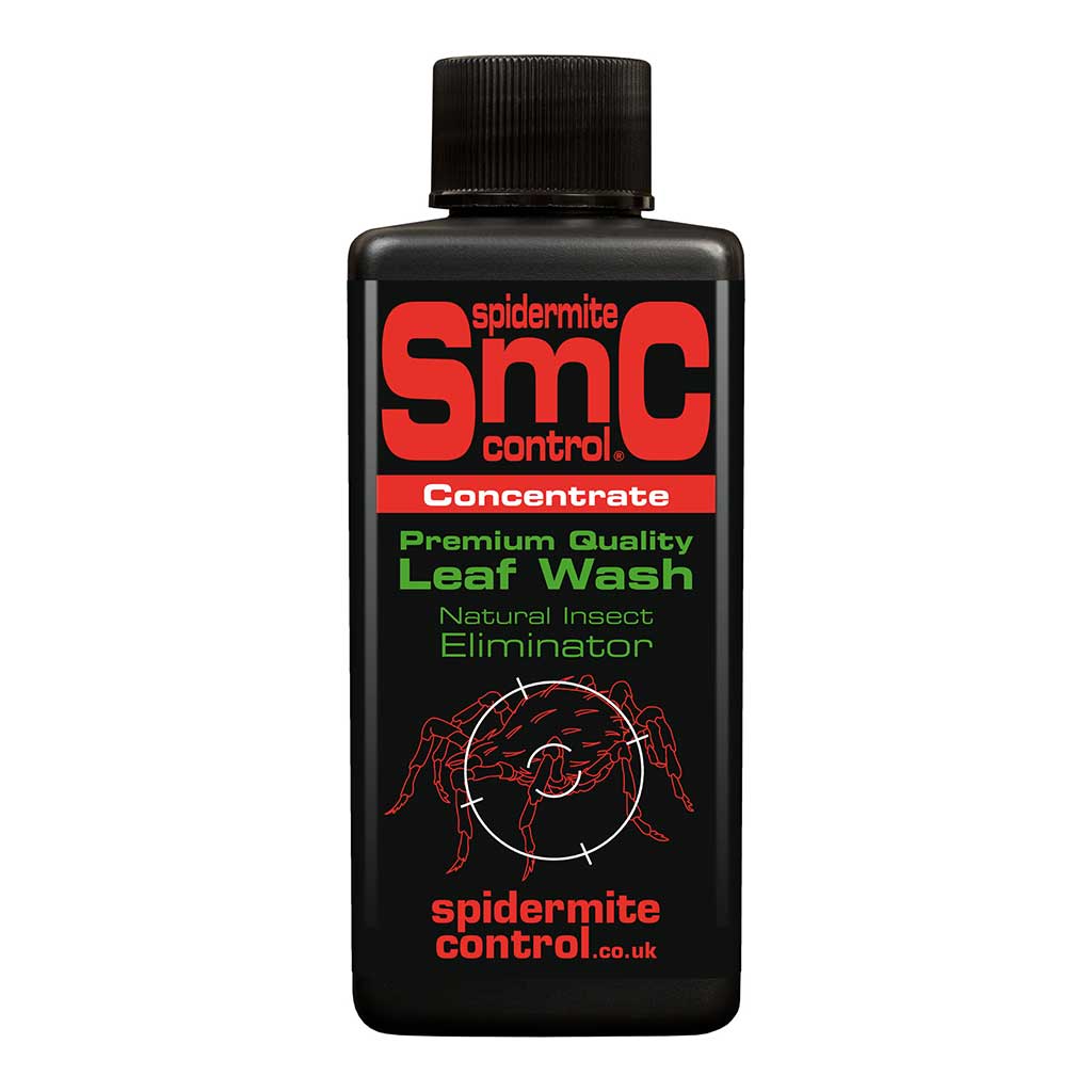 Black bottle of spidermite control concentrate with red and green text on a white background