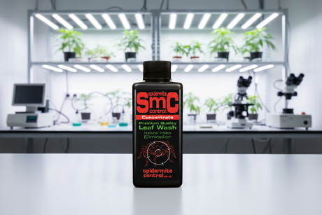 SMC Control bottle on a laboratory counter with plants and scientific equipment in the background