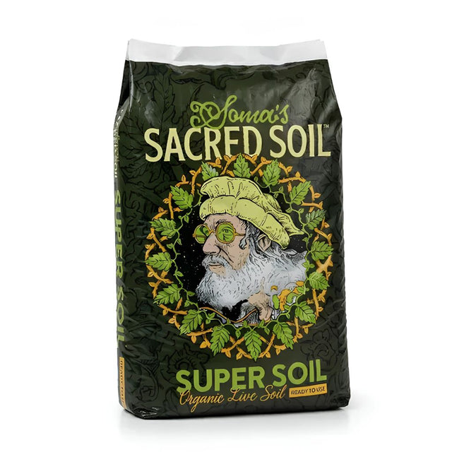 Bag of 'Soma's Super Soil' organic live soil with a design featuring a face and greenery on a white background.