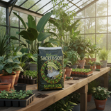 Bag of 'Sacred Soil' super soil on a table with plants in a greenhouse setting