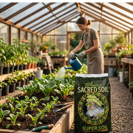 Person watering plants in a greenhouse with a bag of 'Sacred Soil'Super Soil' in the foreground.