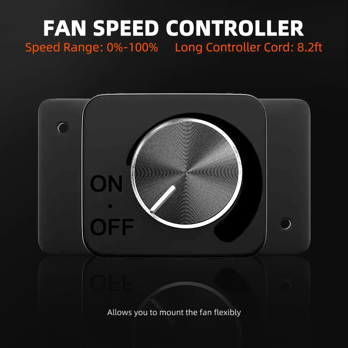 Fan speed controller with a black background and text detailing features.