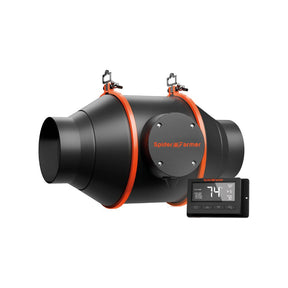 Black and orange Spider Farmer extraction fan with digital display on a white background