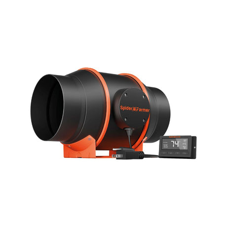 Black and orange Spider Farmer extraction fan with digital display on a white background