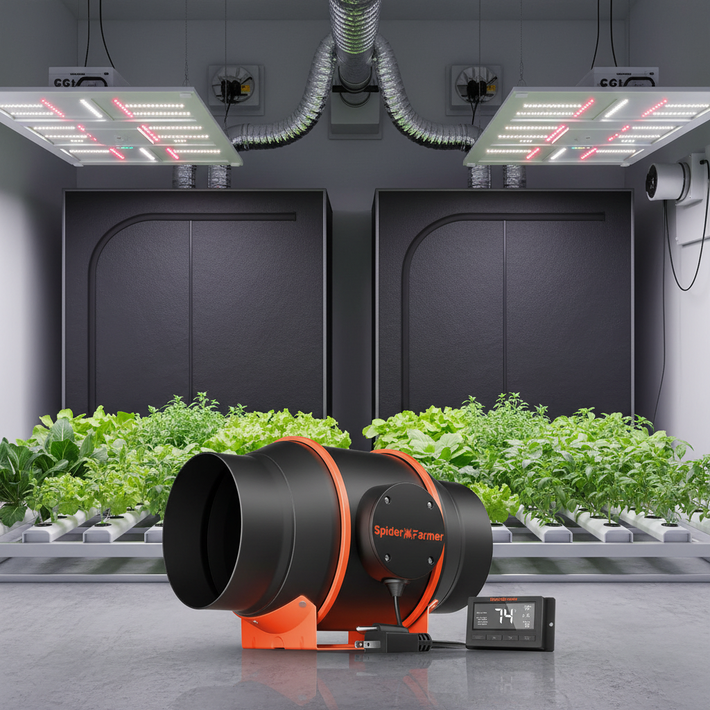 Spider Farmer grow system with LED lights and temperature monitor in a controlled environment.