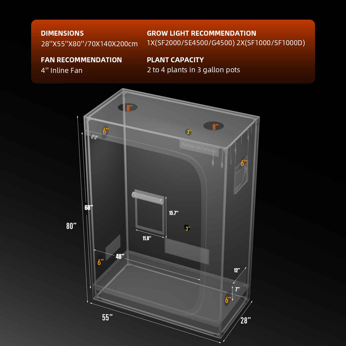 Clear grow tent with dimensions and setup recommendations on a black background